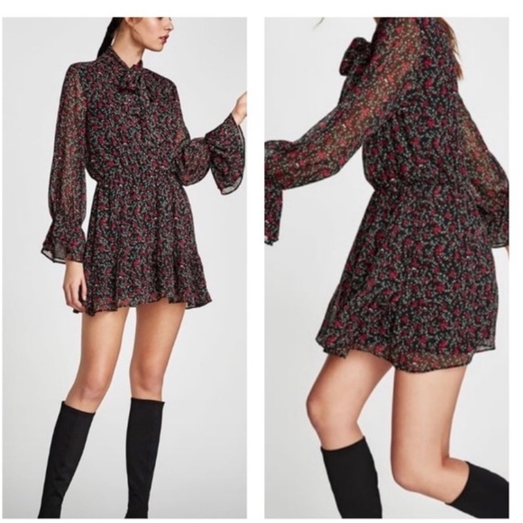 Zara‎ Black Print Long Sleeve Mini Dress Women’s Size S Casual Party Floral - Picture 1 of 14